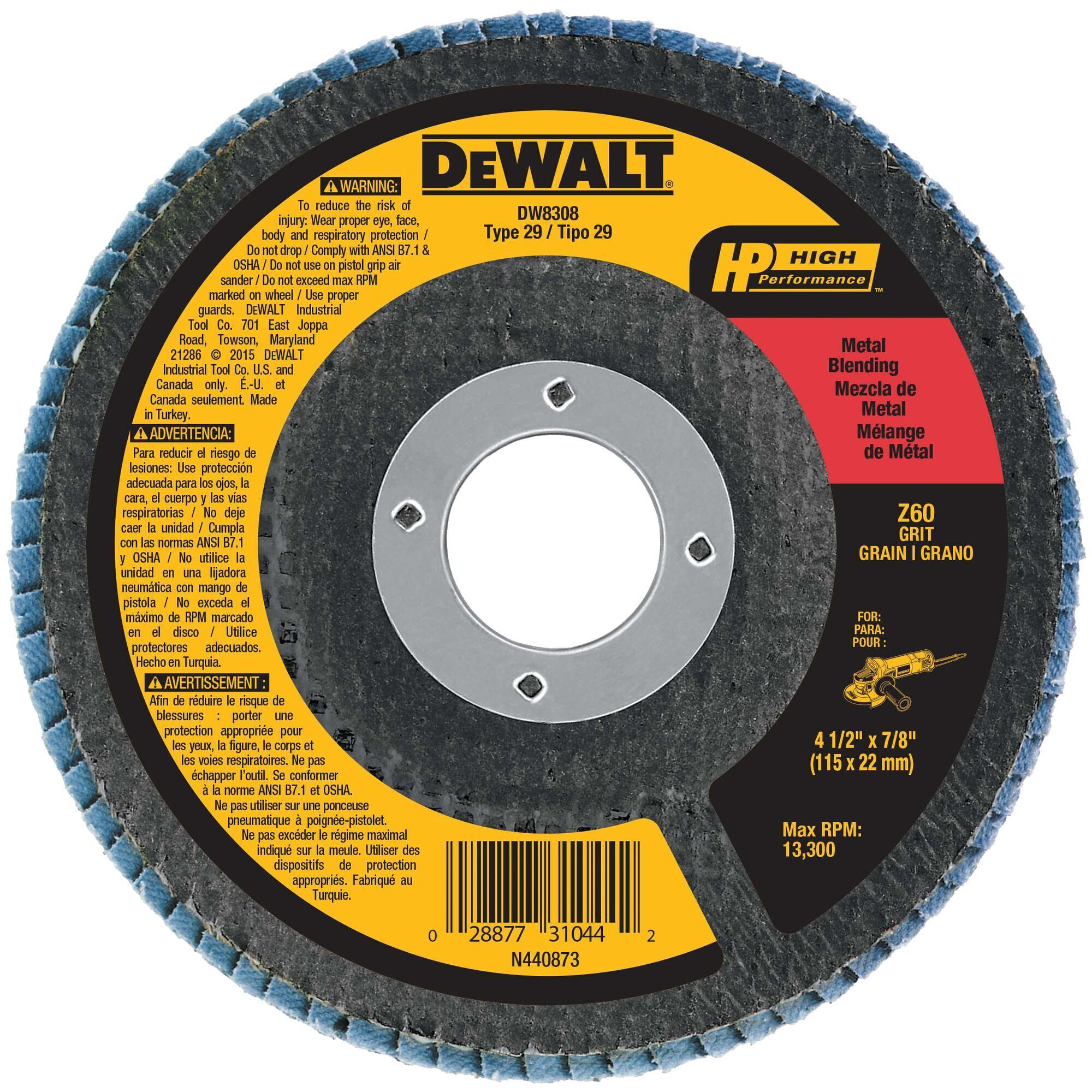DEWALT Flap Disc, Zirconia, 4-1/2-Inches X 7/8-Inches, 60-Grit DW8308